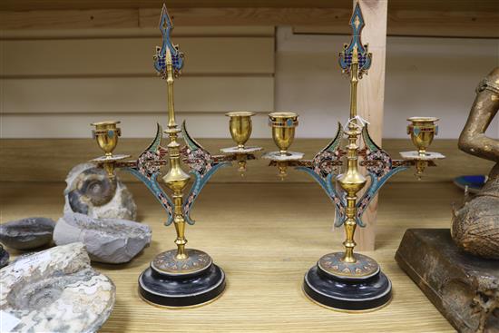 A pair of 19th century French ormolu and champleve candelabra